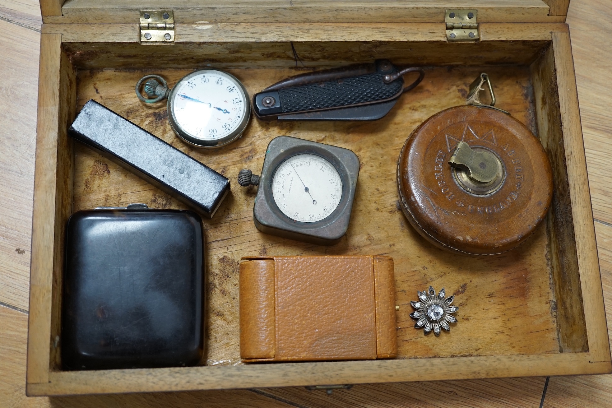 A Trench art tank, a parquetry box including paste and silver brooch and mixed collectables, box 30cm x 20cm. Condition - tank, box and brooch good, other contents variable